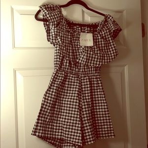 NWT- Off Shoulder ruffle  Plaid romper - M
